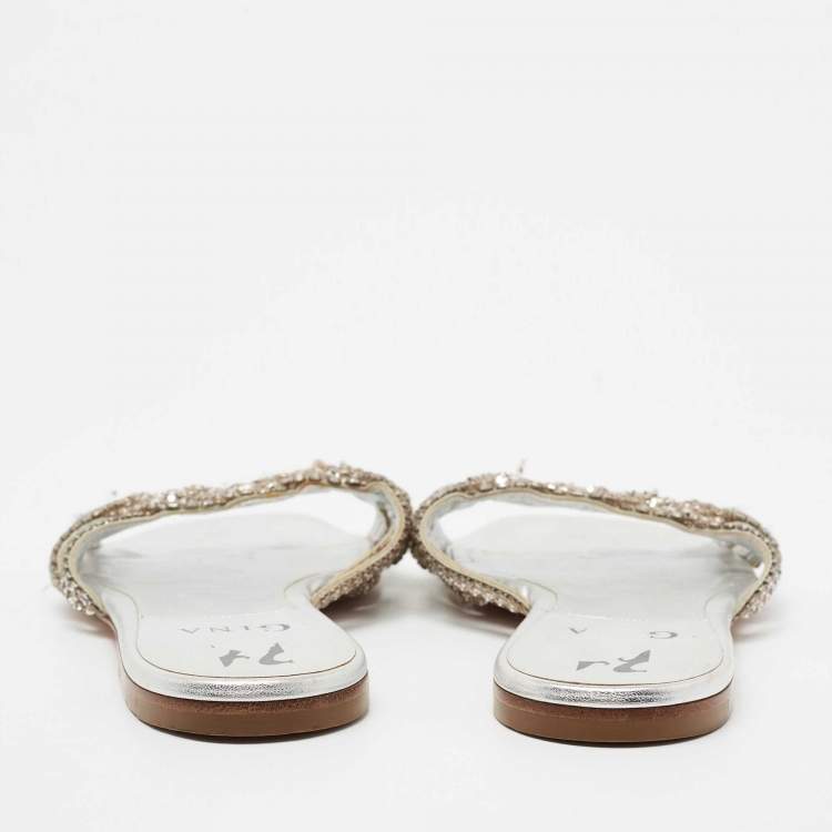 Pre Owned Gina Silver Crystal Embellished Leather Flat Slides Size 39