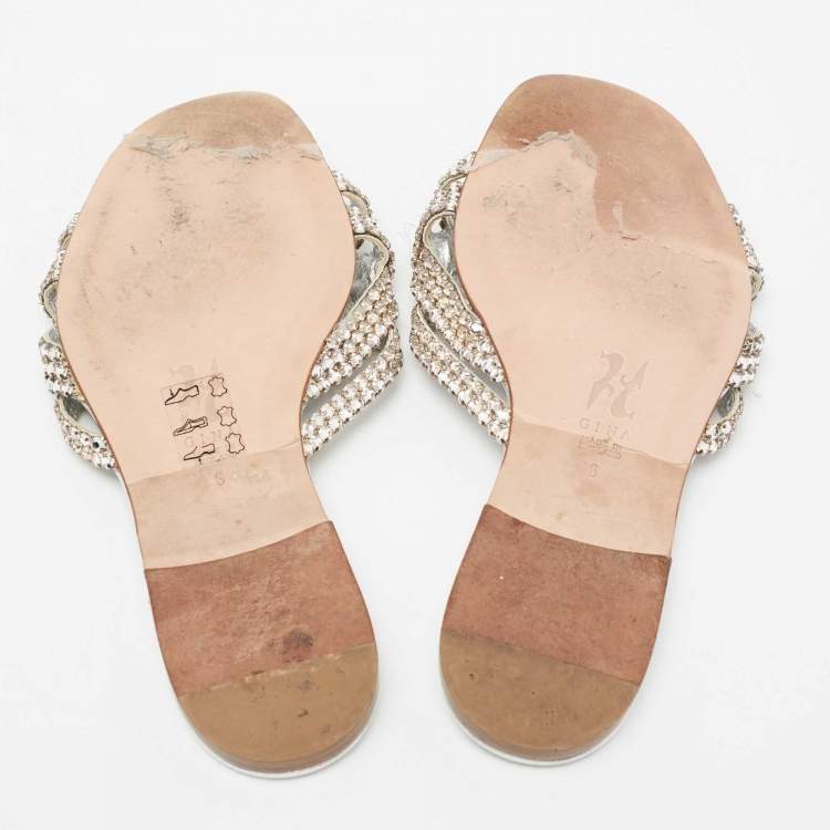 Pre Owned Gina Silver Crystal Embellished Leather Flat Slides Size 39