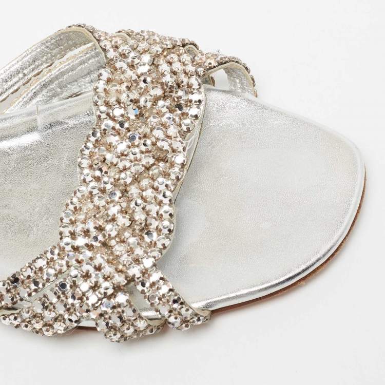 Pre Owned Gina Silver Crystal Embellished Leather Flat Slides Size 39