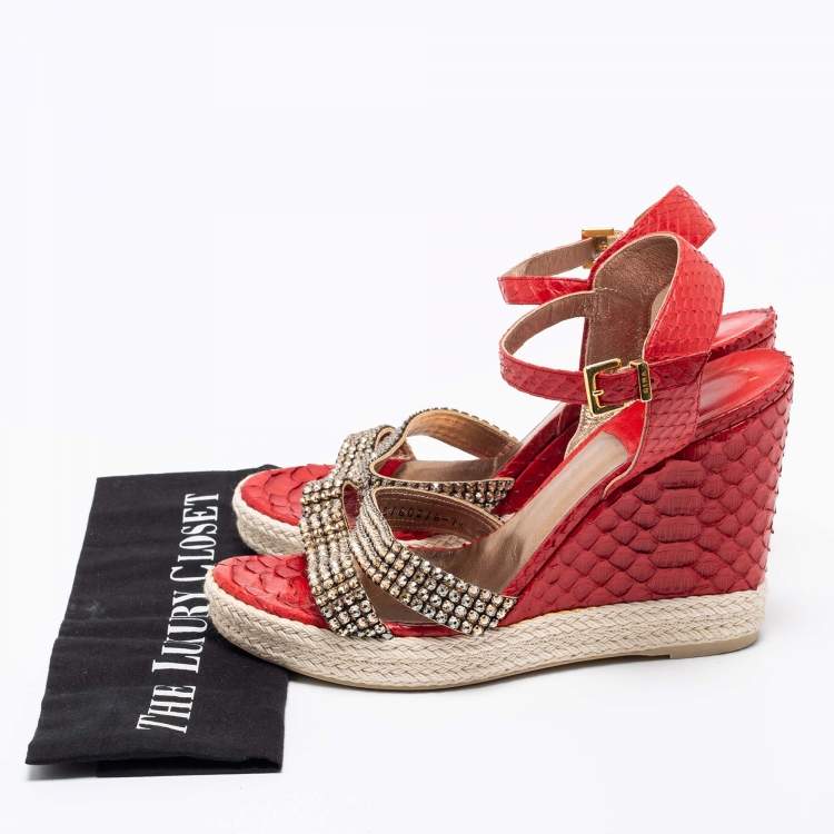 Pre Owned Gina Red Python Leather Crystal Embellished Wedge Platform Ankle-Strap Sandals Size 40.5