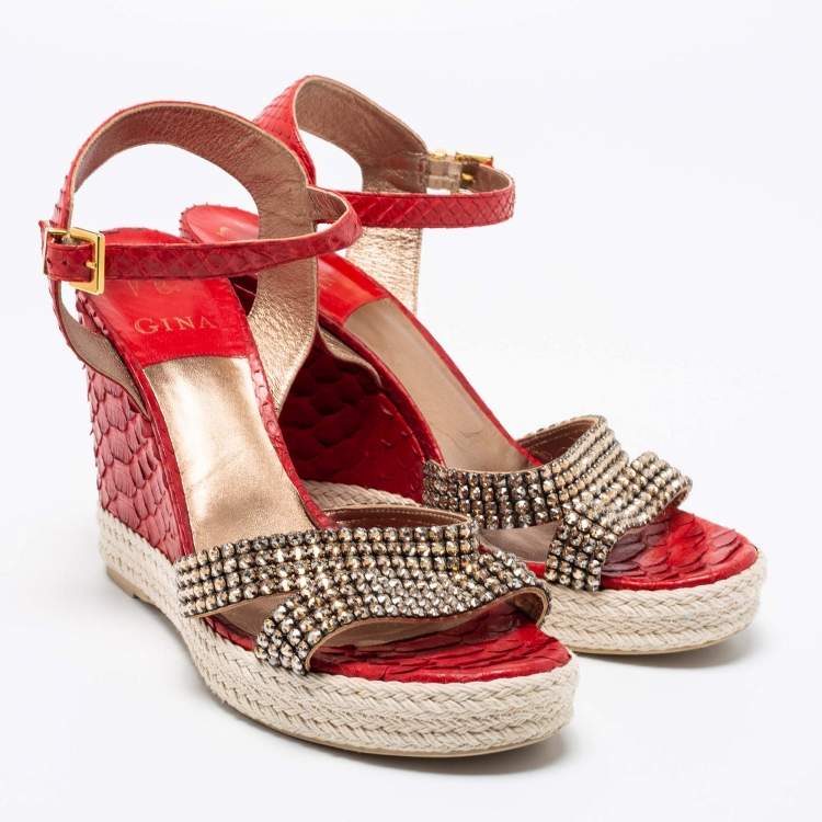 Pre Owned Gina Red Python Leather Crystal Embellished Wedge Platform Ankle-Strap Sandals Size 40.5