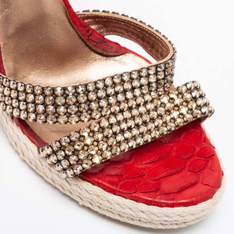 Pre Owned Gina Red Python Leather Crystal Embellished Wedge Platform Ankle-Strap Sandals Size 40.5