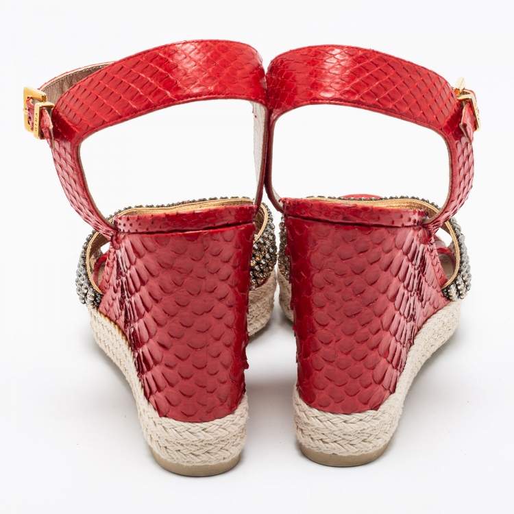Pre Owned Gina Red Python Leather Crystal Embellished Wedge Platform Ankle-Strap Sandals Size 40.5
