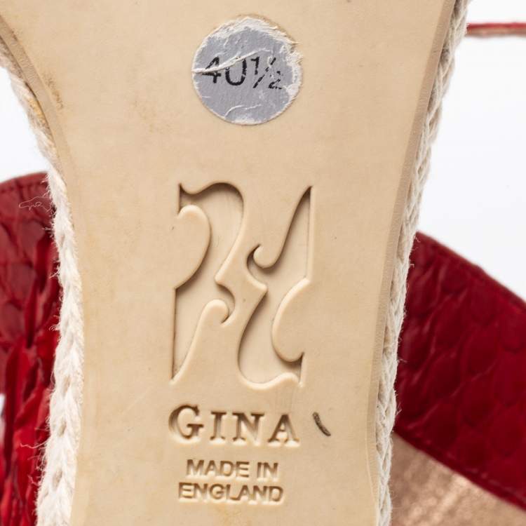 Pre Owned Gina Red Python Leather Crystal Embellished Wedge Platform Ankle-Strap Sandals Size 40.5