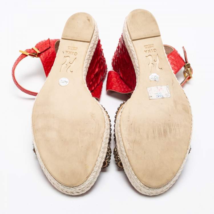 Pre Owned Gina Red Python Leather Crystal Embellished Wedge Platform Ankle-Strap Sandals Size 40.5