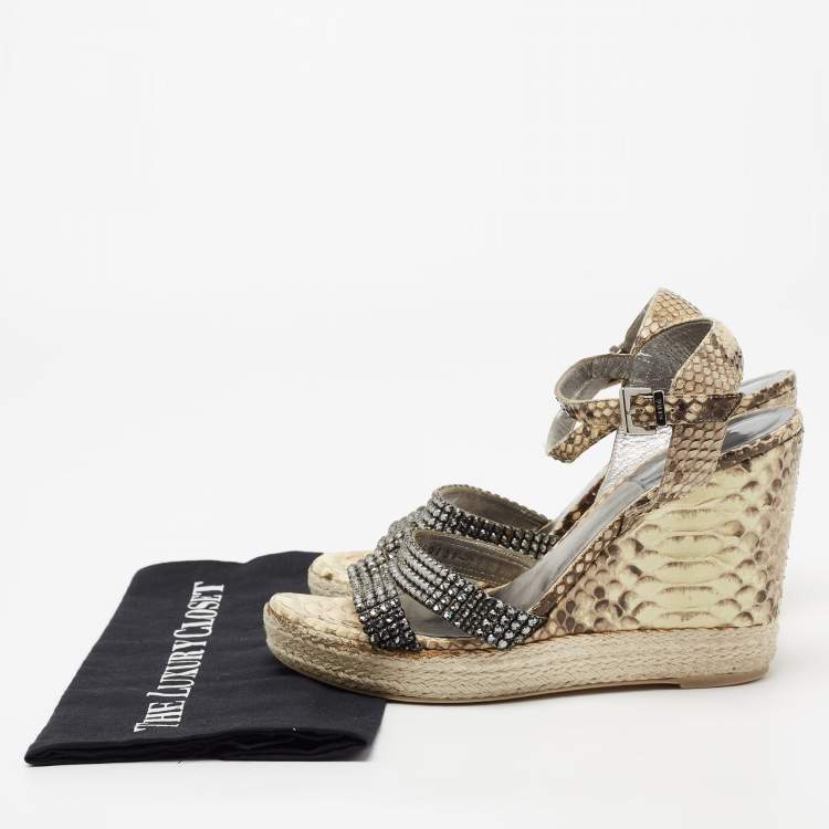 Pre Owned Gina Beige/Brown Python Leather Crystal Embellished Wedge Platform Ankle-Strap Sandals Size 40