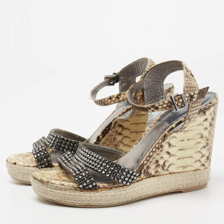 Pre Owned Gina Beige/Brown Python Leather Crystal Embellished Wedge Platform Ankle-Strap Sandals Size 40