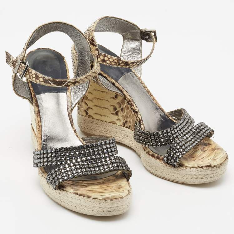 Pre Owned Gina Beige/Brown Python Leather Crystal Embellished Wedge Platform Ankle-Strap Sandals Size 40