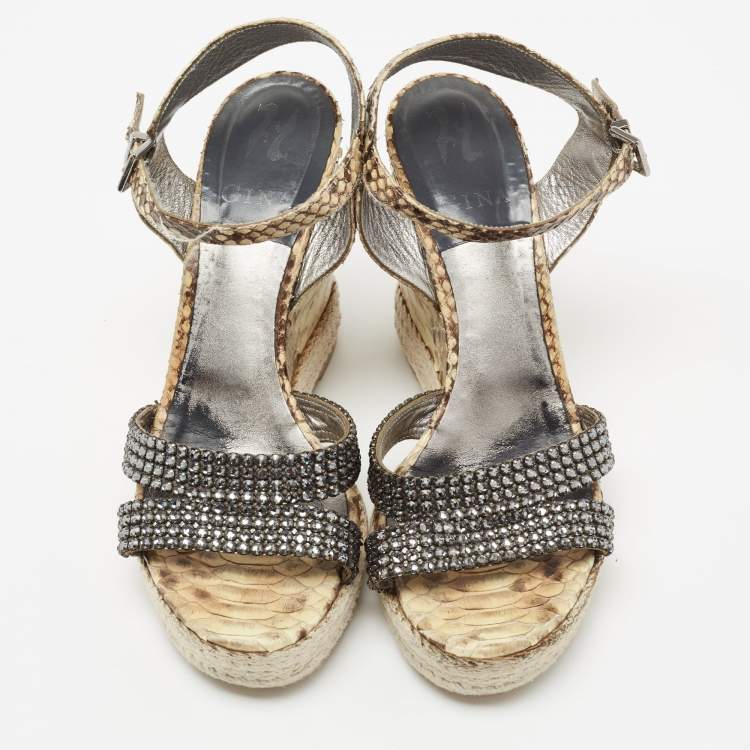 Pre Owned Gina Beige/Brown Python Leather Crystal Embellished Wedge Platform Ankle-Strap Sandals Size 40