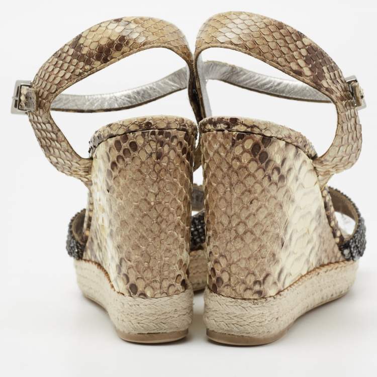 Pre Owned Gina Beige/Brown Python Leather Crystal Embellished Wedge Platform Ankle-Strap Sandals Size 40