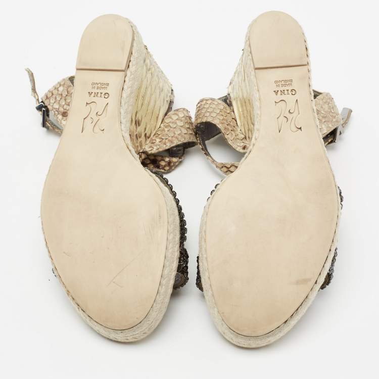 Pre Owned Gina Beige/Brown Python Leather Crystal Embellished Wedge Platform Ankle-Strap Sandals Size 40