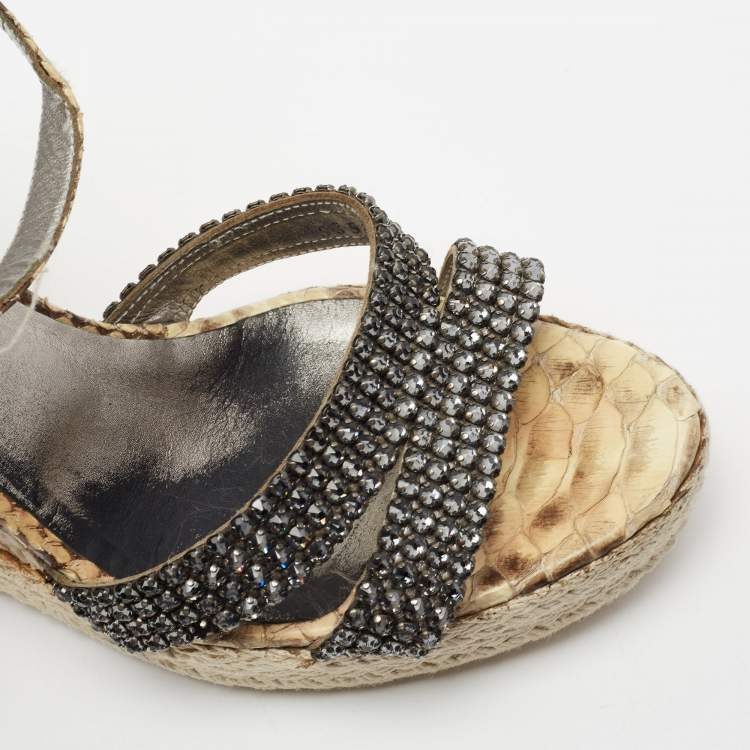 Pre Owned Gina Beige/Brown Python Leather Crystal Embellished Wedge Platform Ankle-Strap Sandals Size 40