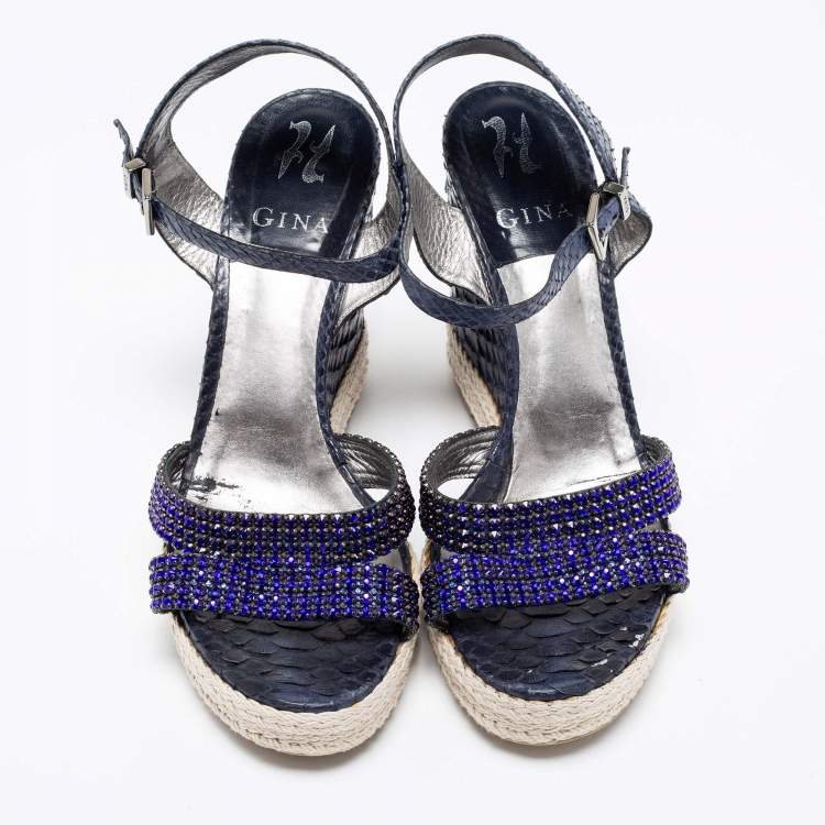 Pre Owned Gina Navy Blue Python Leather Crystal Embellished Wedge Platform Ankle-Strap Sandals Size 40.5