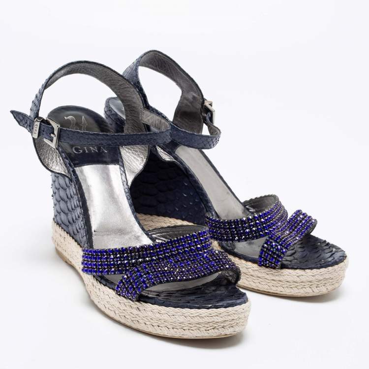 Pre Owned Gina Navy Blue Python Leather Crystal Embellished Wedge Platform Ankle-Strap Sandals Size 40.5