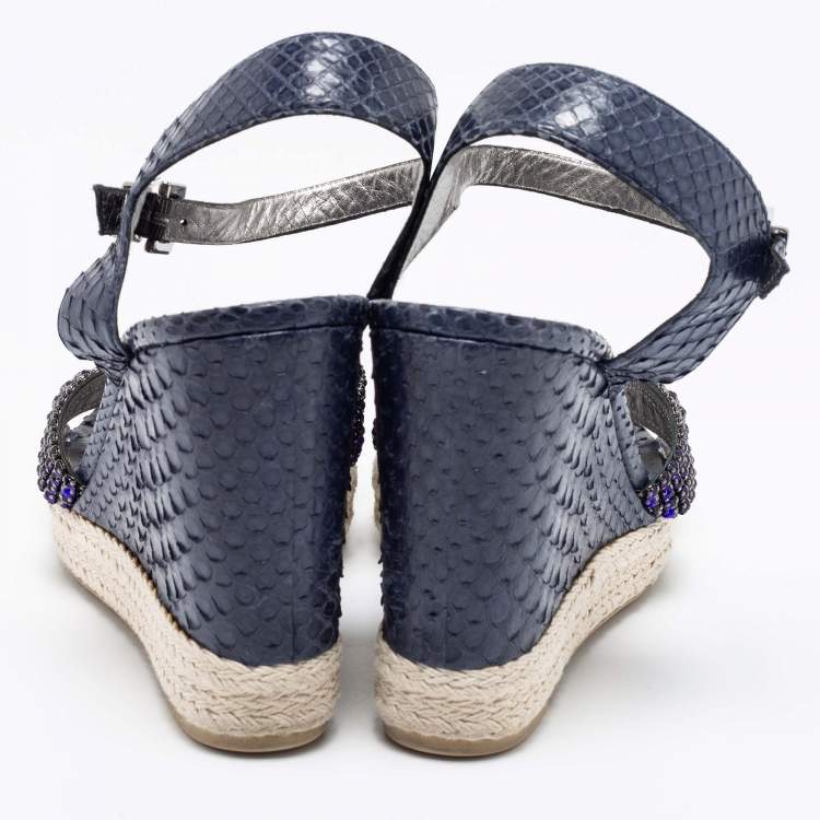 Pre Owned Gina Navy Blue Python Leather Crystal Embellished Wedge Platform Ankle-Strap Sandals Size 40.5