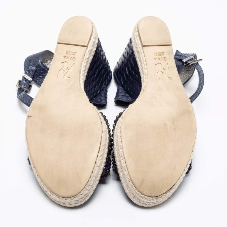 Pre Owned Gina Navy Blue Python Leather Crystal Embellished Wedge Platform Ankle-Strap Sandals Size 40.5