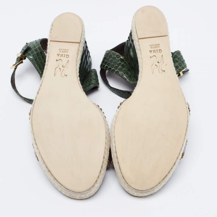 Pre Owned Gina Green Python Leather Crystal Embellished Wedge Sandals Size 40.5