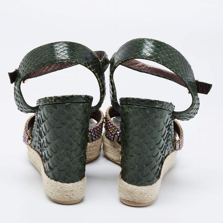 Pre Owned Gina Green Python Leather Crystal Embellished Wedge Sandals Size 40.5