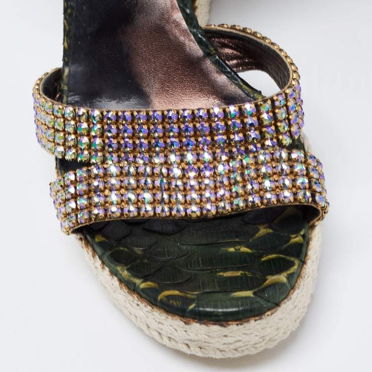Pre Owned Gina Green Python Leather Crystal Embellished Wedge Sandals Size 40.5