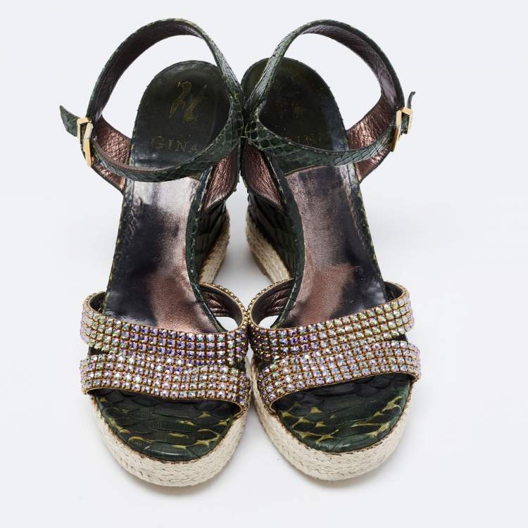 Pre Owned Gina Green Python Leather Crystal Embellished Wedge Sandals Size 40.5