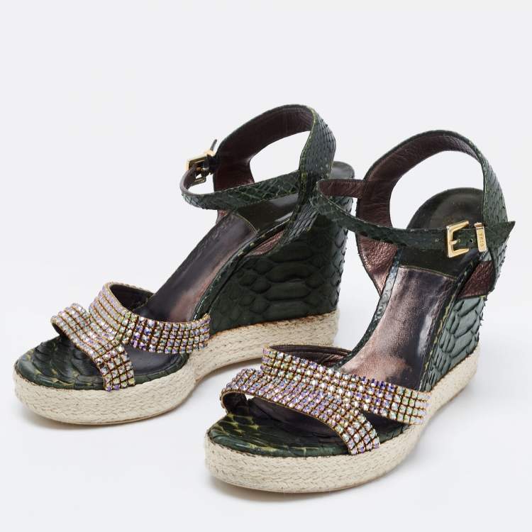 Pre Owned Gina Green Python Leather Crystal Embellished Wedge Sandals Size 40.5
