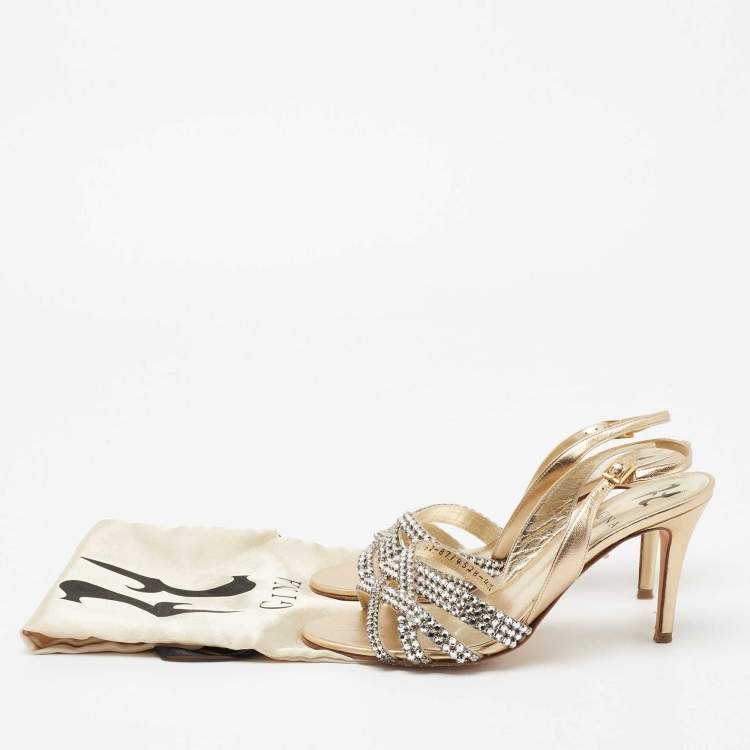 Pre Owned Gina Metallic Gold Leather Crystal Embellished Slingback Sandals Size 37.5