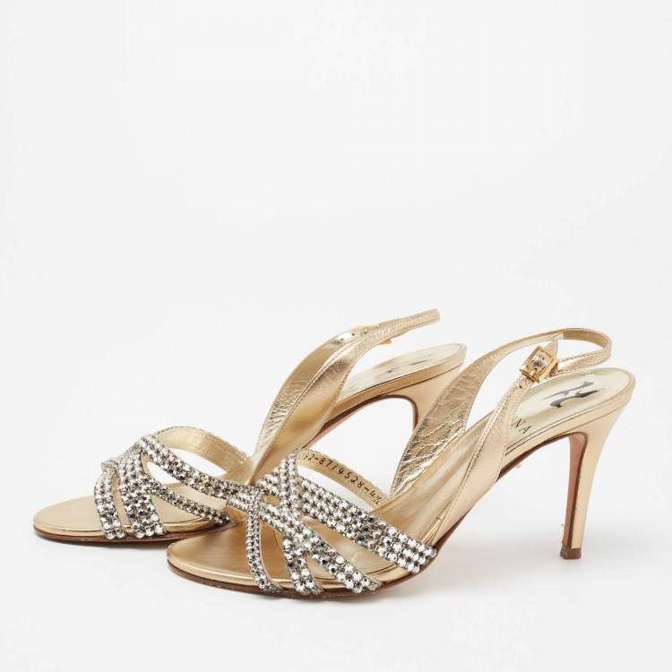 Pre Owned Gina Metallic Gold Leather Crystal Embellished Slingback Sandals Size 37.5