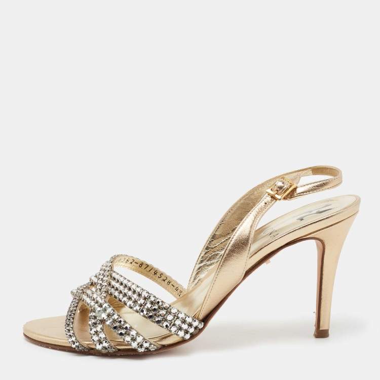 Pre Owned Gina Metallic Gold Leather Crystal Embellished Slingback Sandals Size 37.5