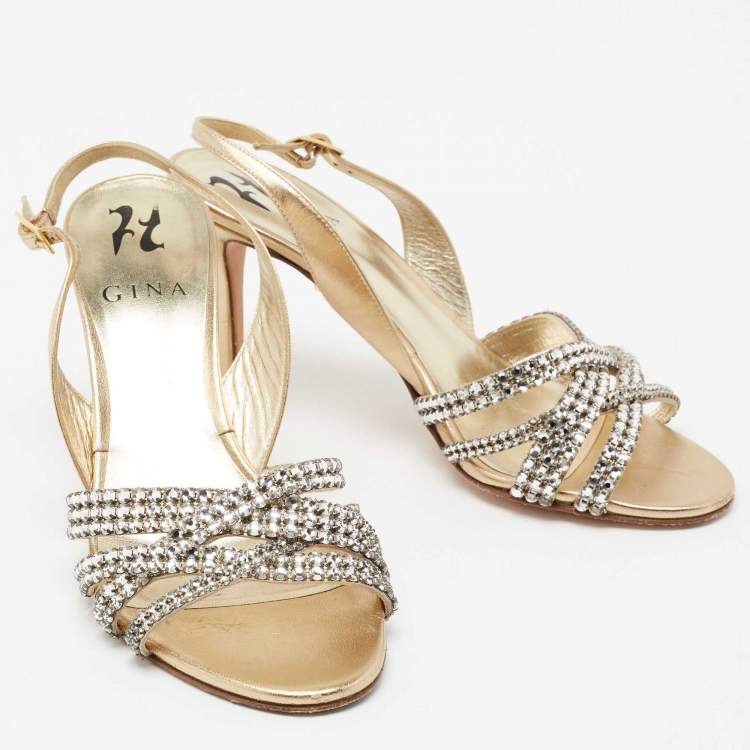 Pre Owned Gina Metallic Gold Leather Crystal Embellished Slingback Sandals Size 37.5