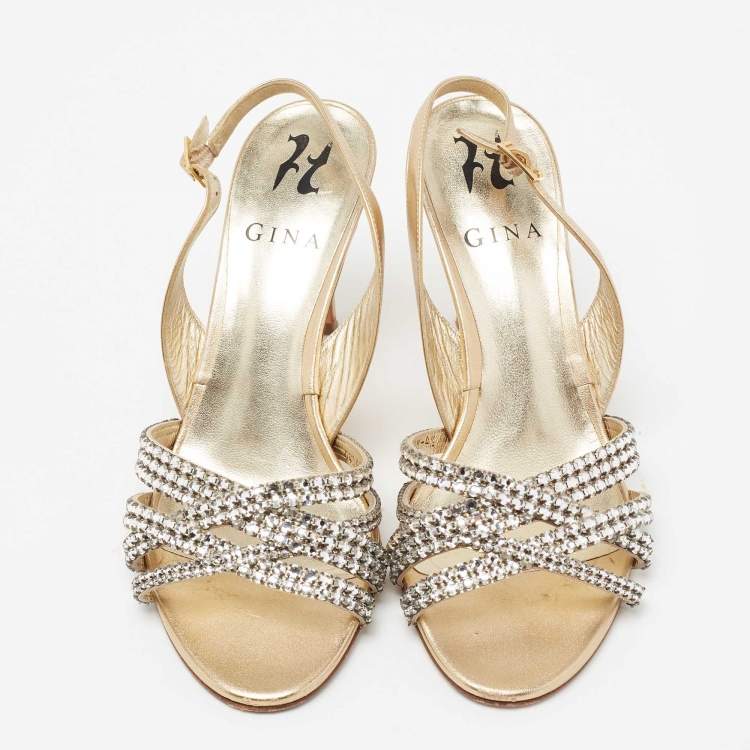 Pre Owned Gina Metallic Gold Leather Crystal Embellished Slingback Sandals Size 37.5