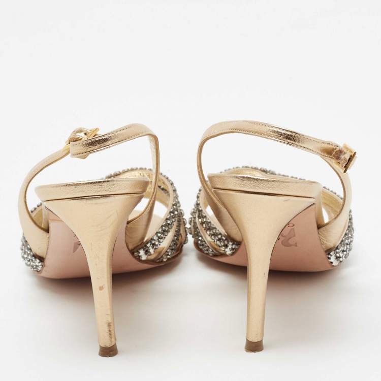 Pre Owned Gina Metallic Gold Leather Crystal Embellished Slingback Sandals Size 37.5