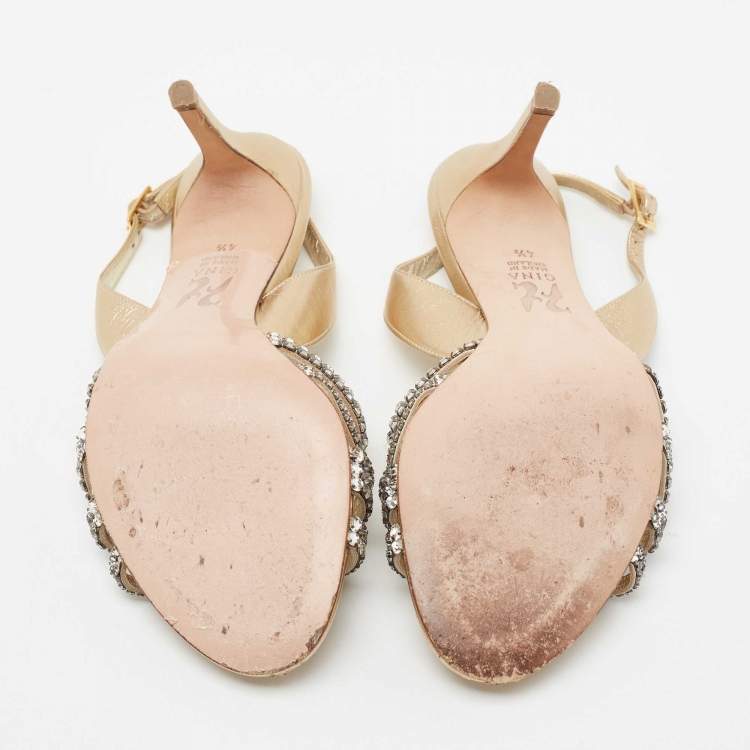 Pre Owned Gina Metallic Gold Leather Crystal Embellished Slingback Sandals Size 37.5