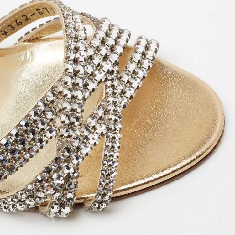 Pre Owned Gina Metallic Gold Leather Crystal Embellished Slingback Sandals Size 37.5