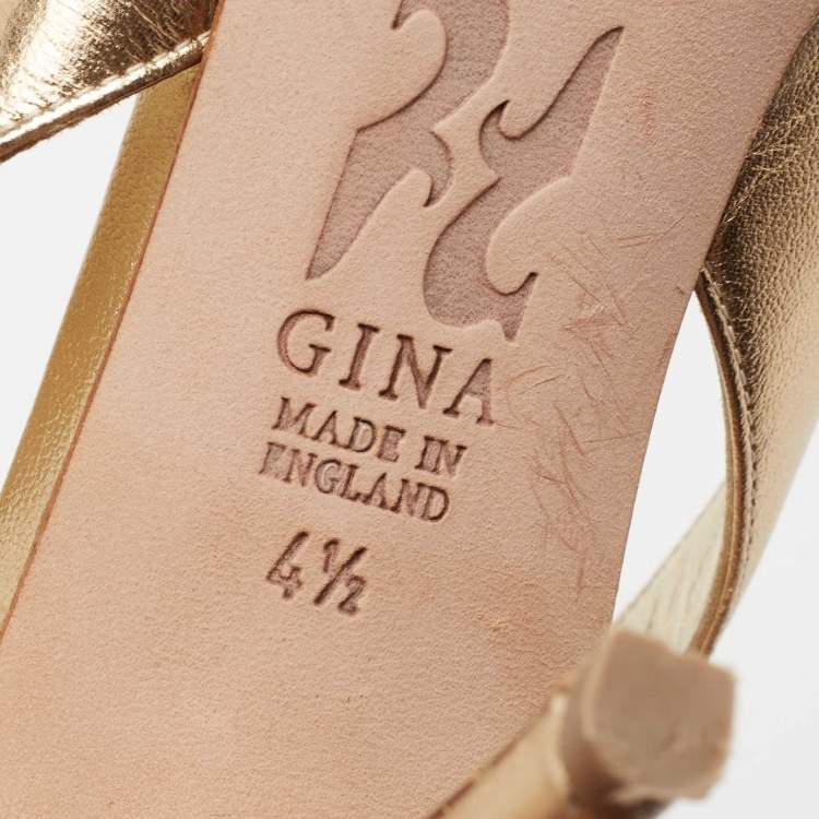 Pre Owned Gina Metallic Gold Leather Crystal Embellished Slingback Sandals Size 37.5