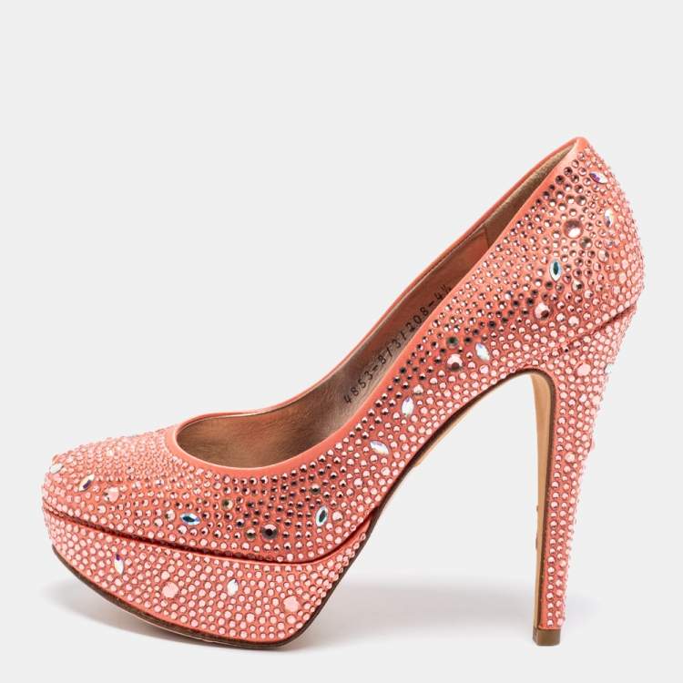Pre Owned Gina Peach Pink Crystal Embellished Satin Platform Pumps Size 37.5