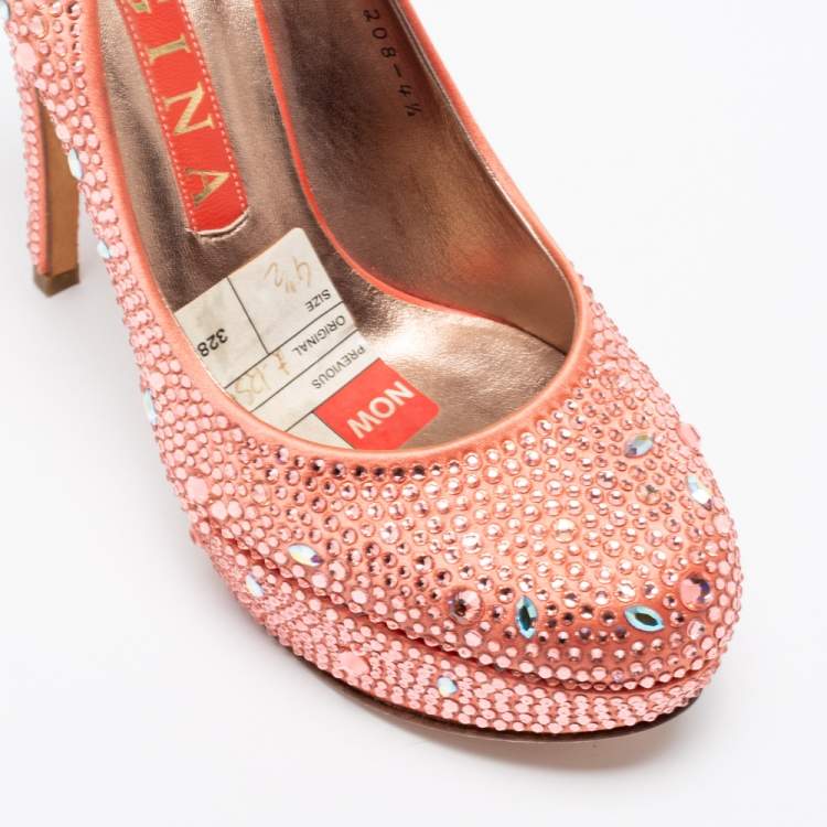 Pre Owned Gina Peach Pink Crystal Embellished Satin Platform Pumps Size 37.5