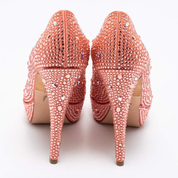 Pre Owned Gina Peach Pink Crystal Embellished Satin Platform Pumps Size 37.5