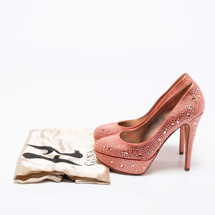Pre Owned Gina Peach Pink Crystal Embellished Satin Platform Pumps Size 37.5