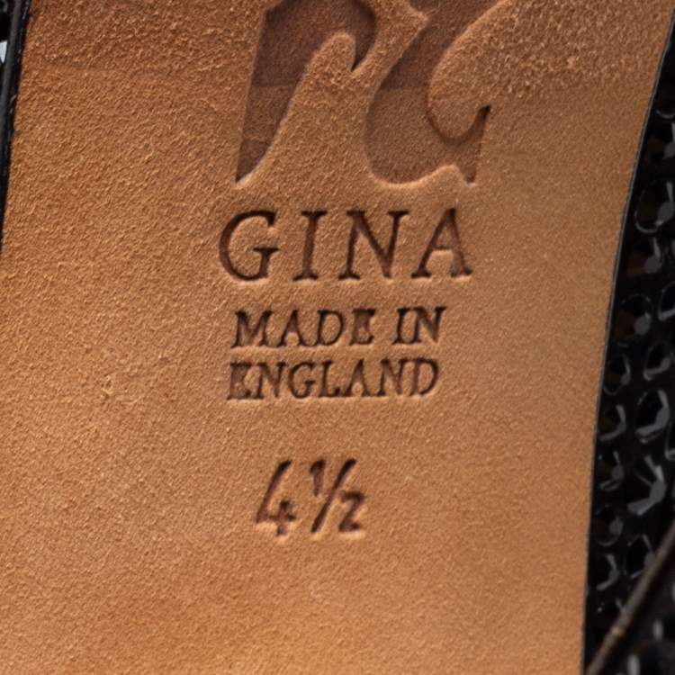 Pre Owned Gina Black Satin Crystal Embellished Peep Toe Platform Pumps Size 37.5 