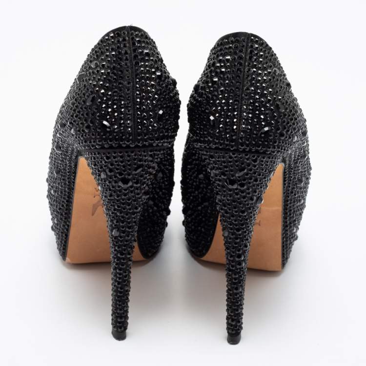Pre Owned Gina Black Satin Crystal Embellished Peep Toe Platform Pumps Size 37.5 