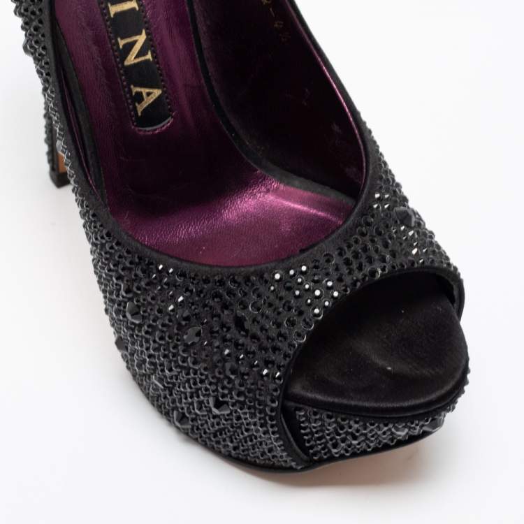 Pre Owned Gina Black Satin Crystal Embellished Peep Toe Platform Pumps Size 37.5 