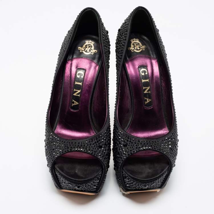 Pre Owned Gina Black Satin Crystal Embellished Peep Toe Platform Pumps Size 37.5 