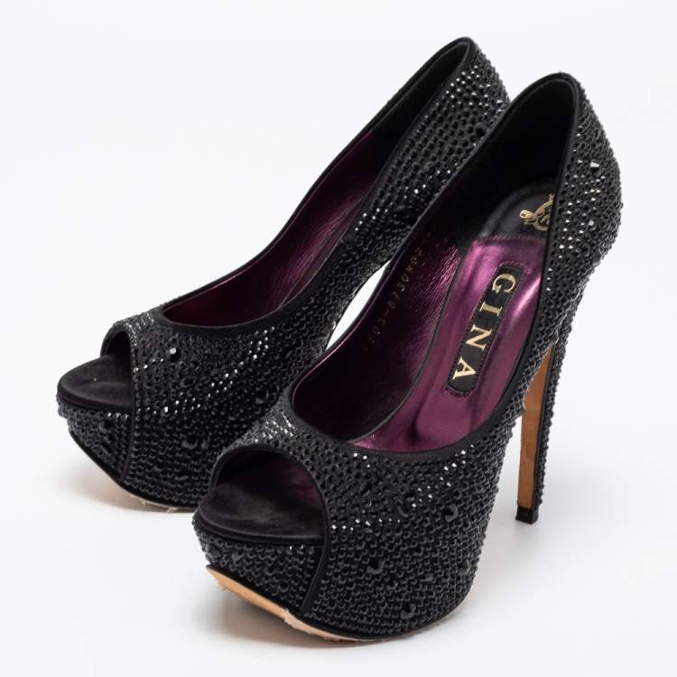 Pre Owned Gina Black Satin Crystal Embellished Peep Toe Platform Pumps Size 37.5 