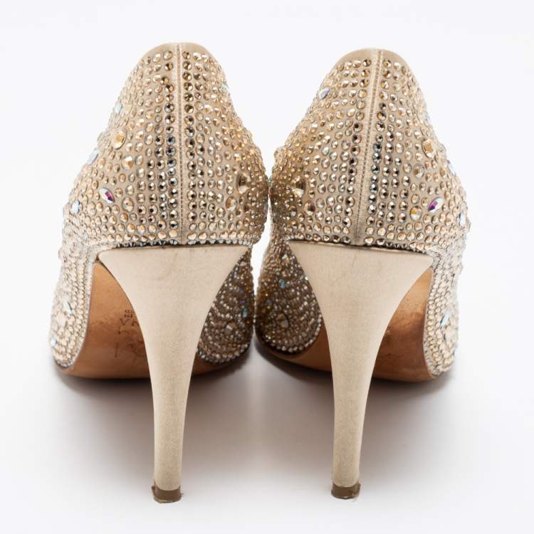 Pre Owned Gina Gold Satin Crystal Embellished Pumps Size 40.5 