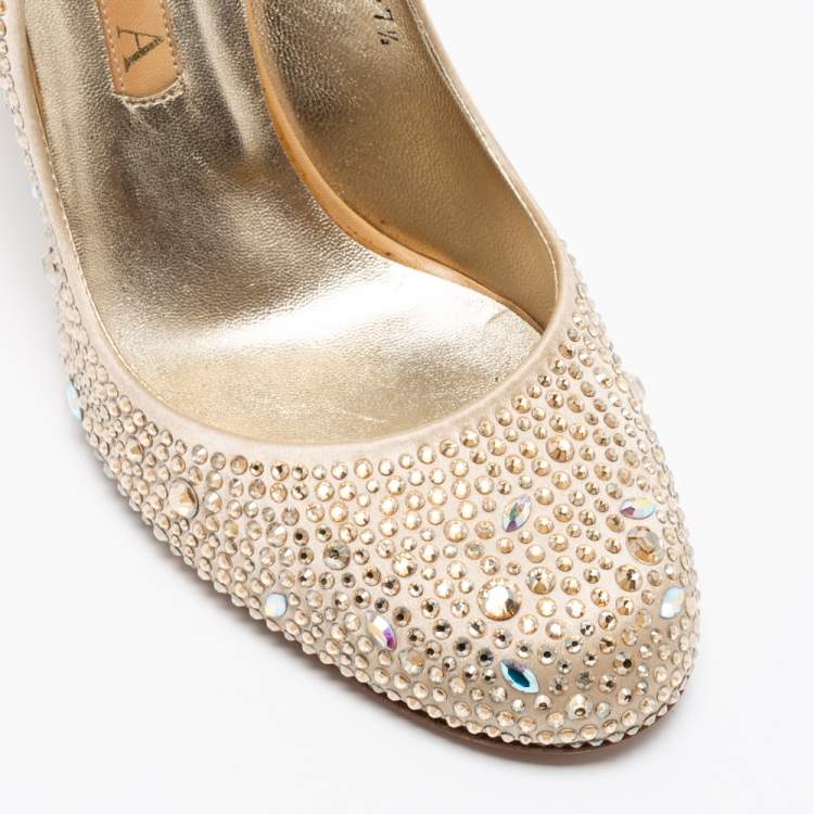 Pre Owned Gina Gold Satin Crystal Embellished Pumps Size 40.5 