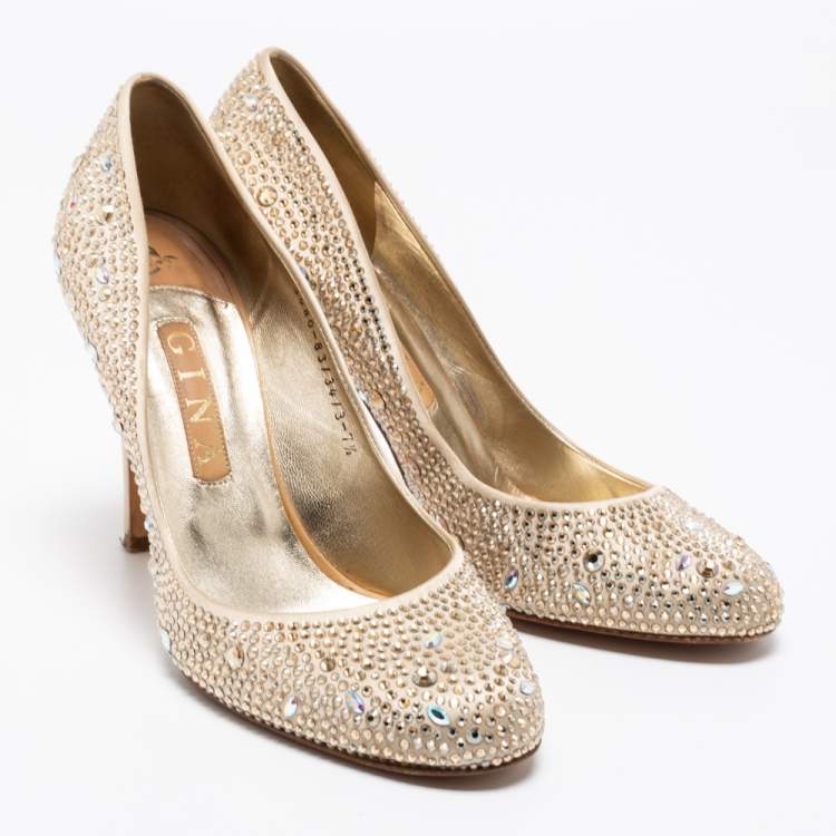 Pre Owned Gina Gold Satin Crystal Embellished Pumps Size 40.5 