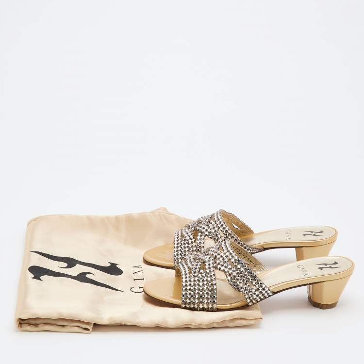 Pre Owned Gina Beige Crystal Embellished Leather Slide Sandals Size 38
