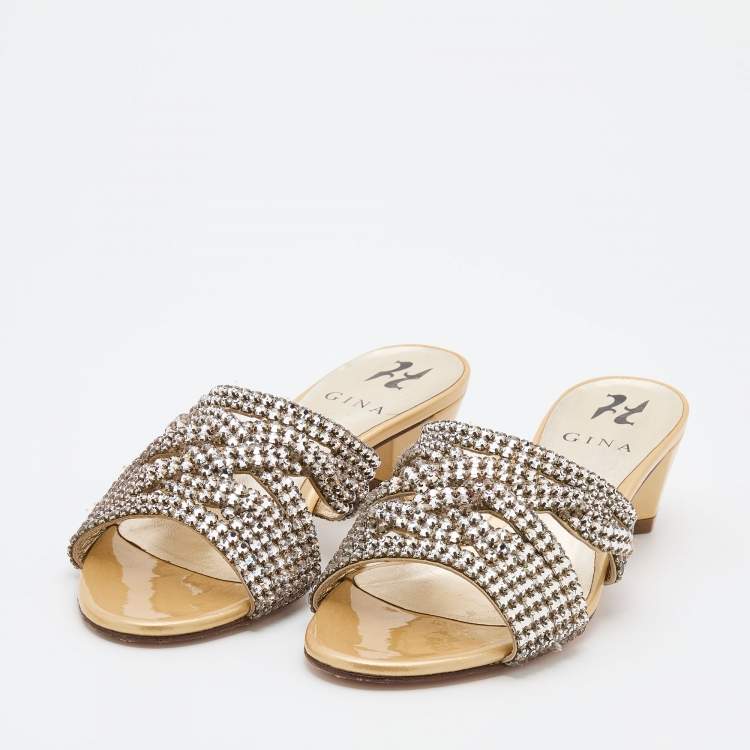 Pre Owned Gina Beige Crystal Embellished Leather Slide Sandals Size 38