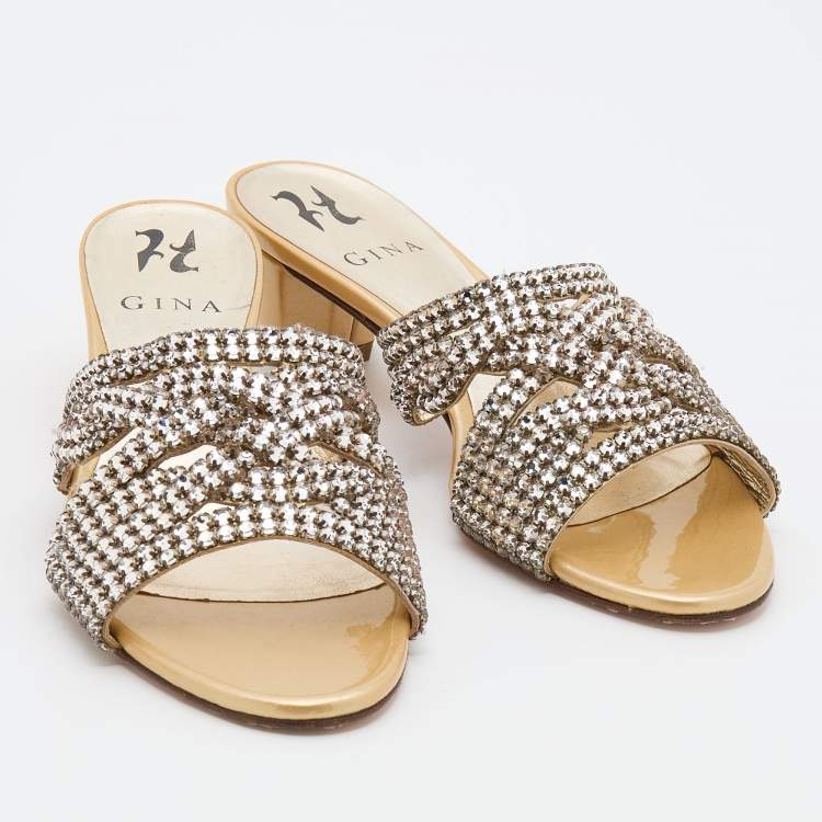 Pre Owned Gina Beige Crystal Embellished Leather Slide Sandals Size 38