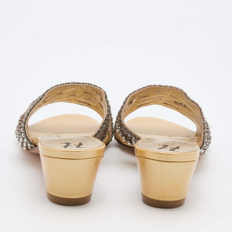 Pre Owned Gina Beige Crystal Embellished Leather Slide Sandals Size 38